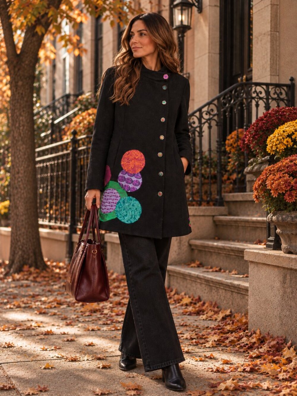 DESIGUAL Black Wool Coat Colorful Applique Statement Artsy Jacket Boho Chic
